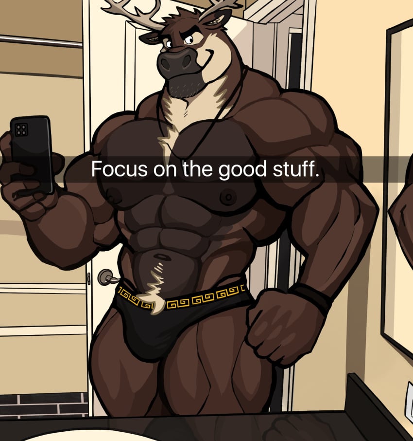 anthro antlers balls bara barazoku bulge darknaigart deer flaccid furry jett_(darknaig) male male_only mirror_selfie muscles muscular penis solo solo_male underwear underwear_only