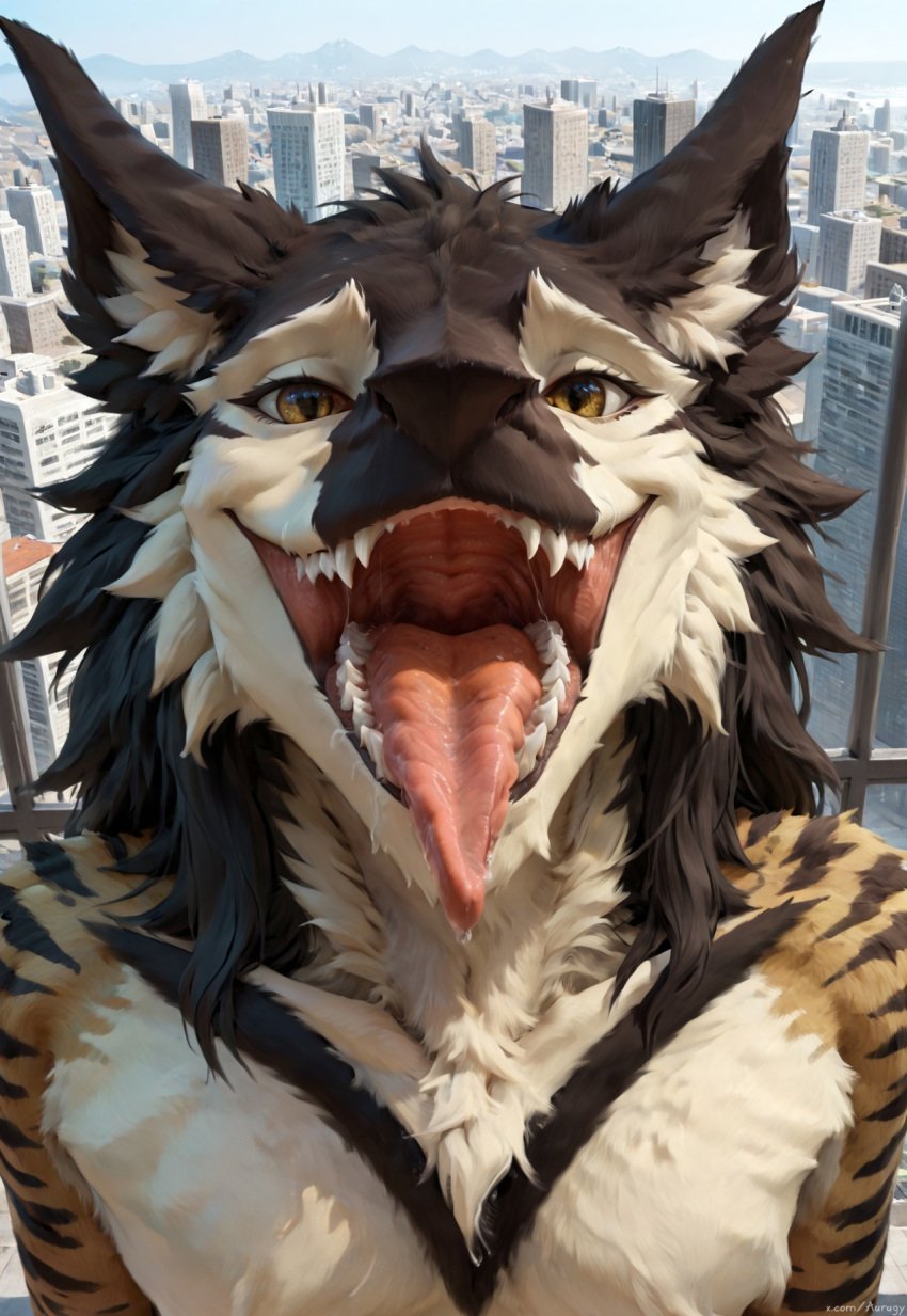 ai_generated anthro aurugy bodily_fluids city city_background detailed dripping furry hi_res looking_at_viewer male mouth_shot open_mouth outdoors outside realistic saliva saliva_drip sergal sharp_teeth solo teeth throat tongue tongue_out vore wide_open_mouth