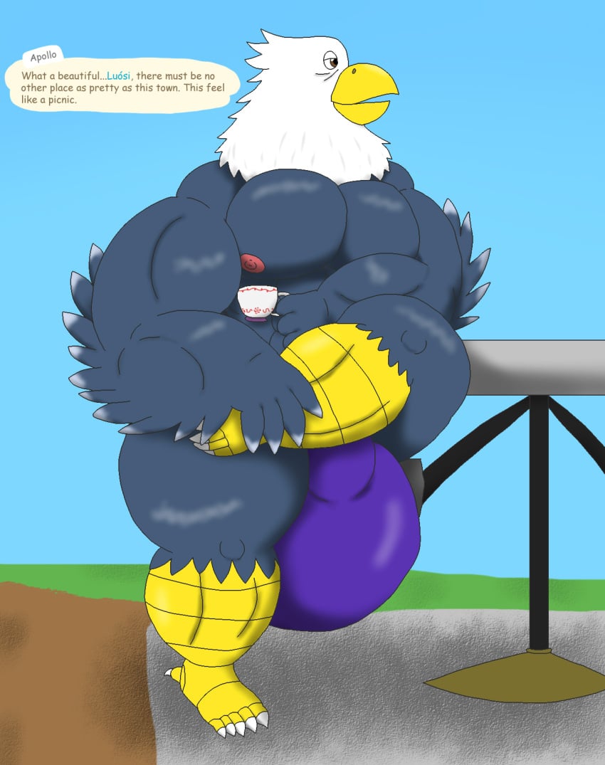 accipitrid accipitriform alythewolfcat animal_crossing anthro apollo_(animal_crossing) avian bird clothing container cup eagle hi_res holding_container holding_cup holding_object holding_tea_cup huge_hips male muscular muscular_male nintendo nipples solo speedo swimwear tea_cup wide_hips