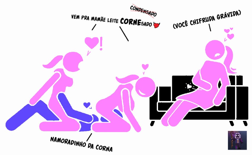 2024 4chan background big_breasts biting_lip blue_body colored cowgirl_position cuckquean dialogue edit female_focus heart horny_female moaning n1_1ck photoshop pictogram pink_body ponytail portuguese portuguese_dialogue portuguese_text sitting_on_face stick_figure stickfigure stickman stickwoman straight threesome warning_sign_person watermark