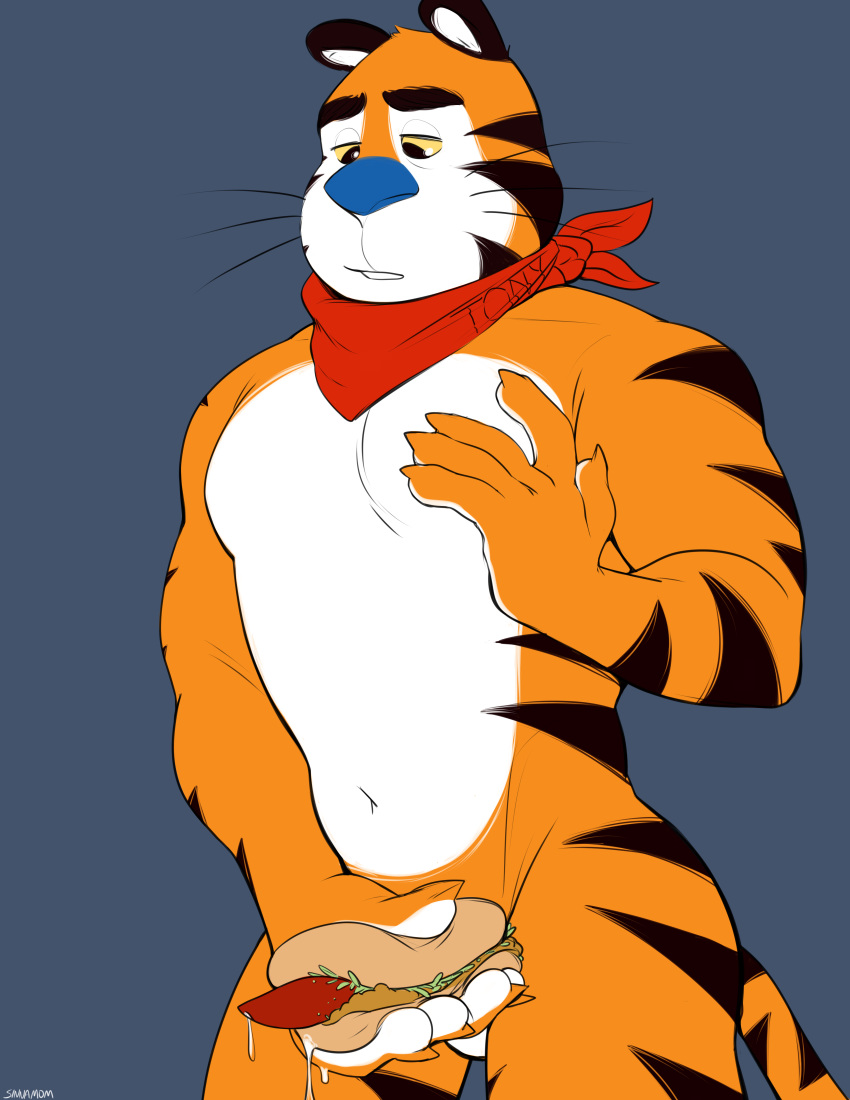 anthro cum cum_drip dripping feline food food_play frosted_flakes grey_background kerchief male male_only mammal masturbation mostly_nude penis simple_background sinnamom solo standing tiger tony_the_tiger