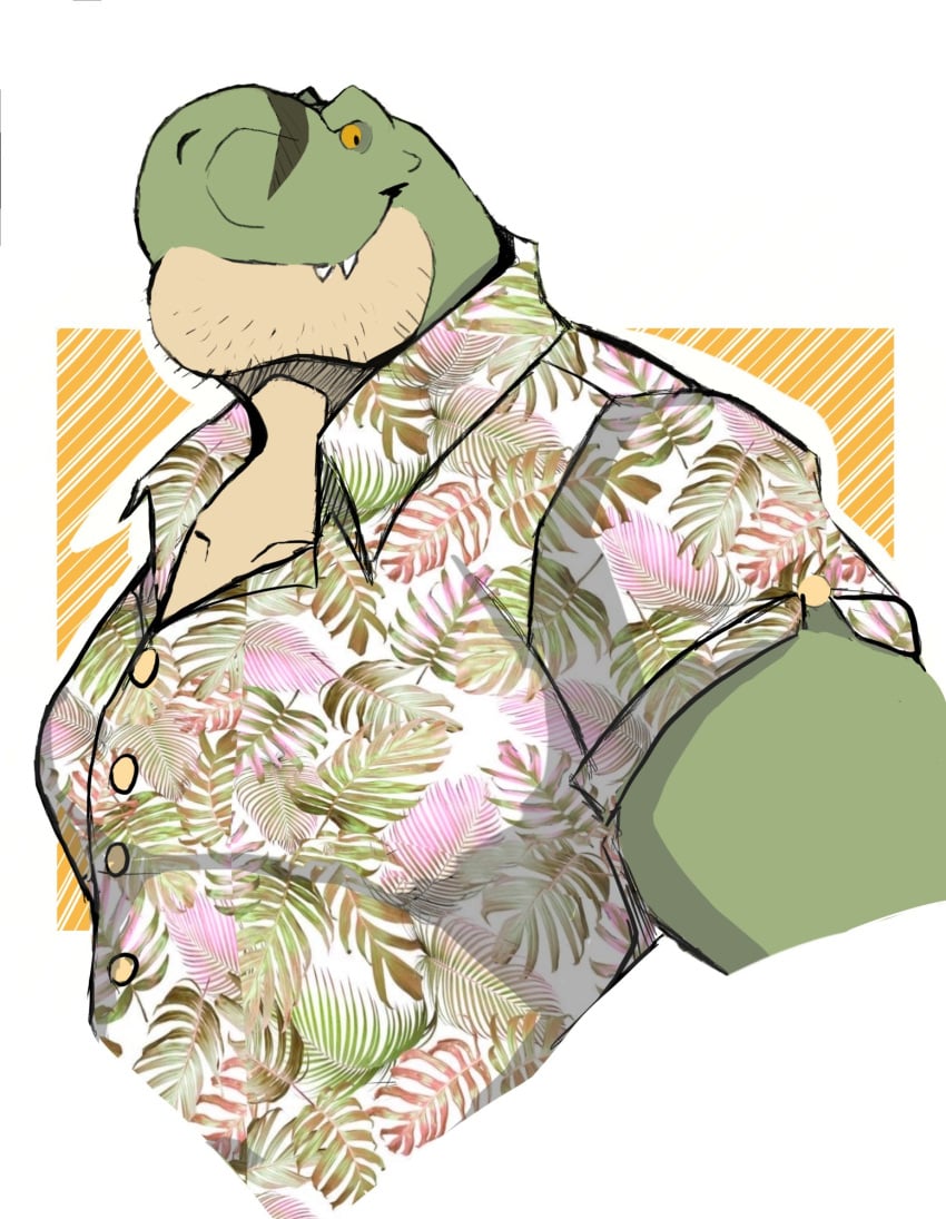 anthro bara barazoku darknaigart dinosaur jace_(darknaig) male male_only muscles muscular scalie shirt solo solo_male tropical_shirt tyrannosaurid tyrannosaurus tyrannosaurus_rex