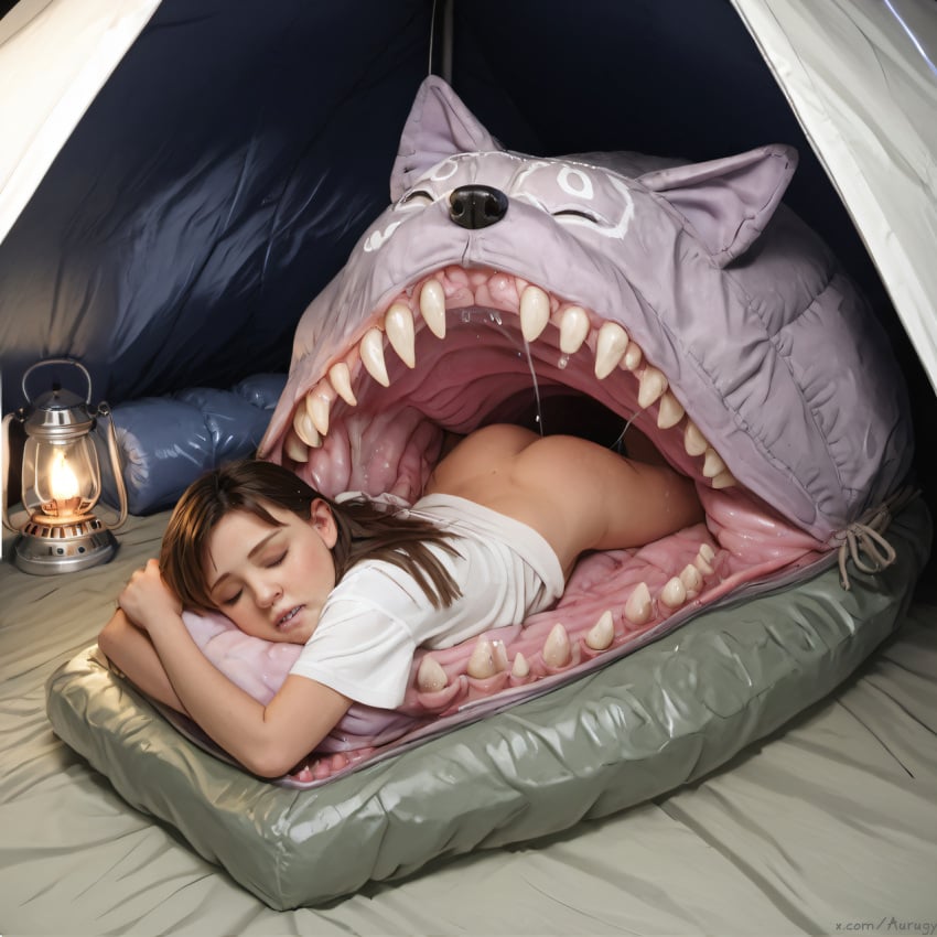 ai_generated aurugy bodily_fluids canid canine canis closed_eyes clothed clothing cozy detailed dripping duo female feral hi_res human imminent_vore looking_pleasured mammal mimic monster open_mouth realistic saliva saliva_drip saliva_string sharp_teeth sleeping teeth tent vore wide_open_mouth wolf