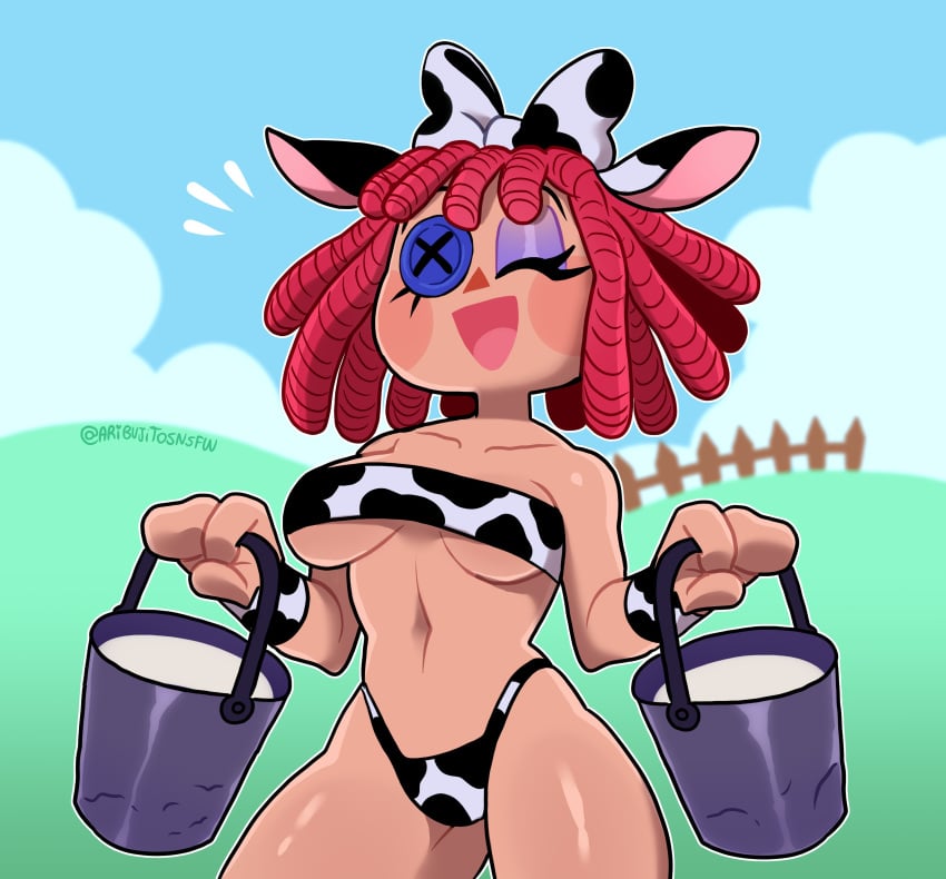 1girls ari_dibujitos bikini blush_stickers bow bucket button button_eyes closed_eyes cow_ears cow_print cow_print_bikini doll drink eyeshadow female hairbow holding_object milk milk_bucket ragatha_(the_amazing_digital_circus) red_hair short_hair solo solo_female the_amazing_digital_circus