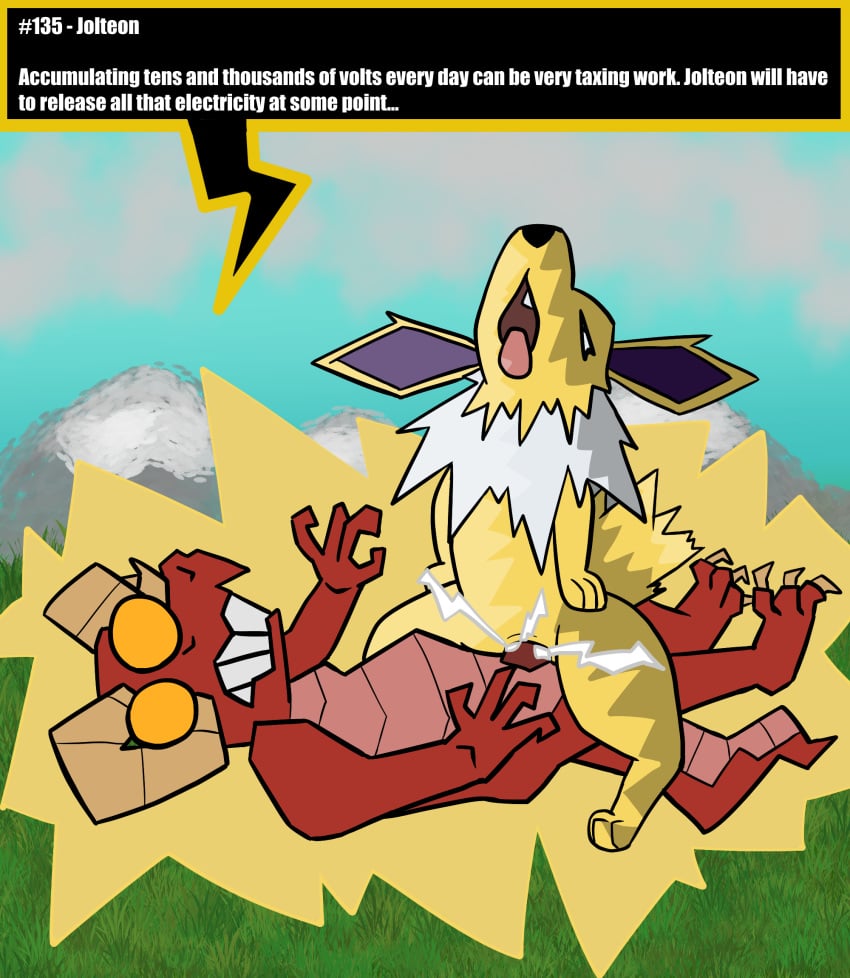 anthro bodily_fluids cum duo eeveelution electrocution female female_on_top feral generation_1_pokemon genital_fluids genitals hi_res jolteon kobold male male/female nintendo on_top orgasm penis pokemon pokemon_(species) scalie scrunty sex vanny_1208