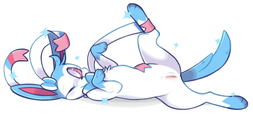 2016 3_toes alternate_color cute digital_media_(artwork) digitigrade eeveelution female feral happy hi_res kakaodieb looking_at_viewer lying nintendo on_back one_eye_closed pokémon_(species) pokemon presenting pussy shiny_pokémon simple_background smile solo sparkle spread_legs spreading sylveon toes video_games white_background wink zoophilia