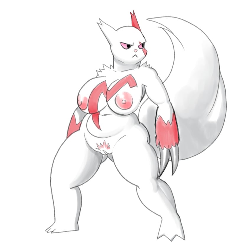 anthro areola ass big_breasts big_tail black_eyes breasts butt_from_the_front chest_markings claws facial_markings female fourssss front_view fur generation_3_pokemon genitals grey_claws head_markings hi_res huge_breasts long_tail markings navel nintendo nipples nude pink_areola pink_body pink_fur pink_markings pink_nipples pink_nose pink_pubes pink_sclera pokemon pokemon_(species) pubes pussy simple_background solo tail thick_thighs white_background white_body white_fur wide_hips zangoose