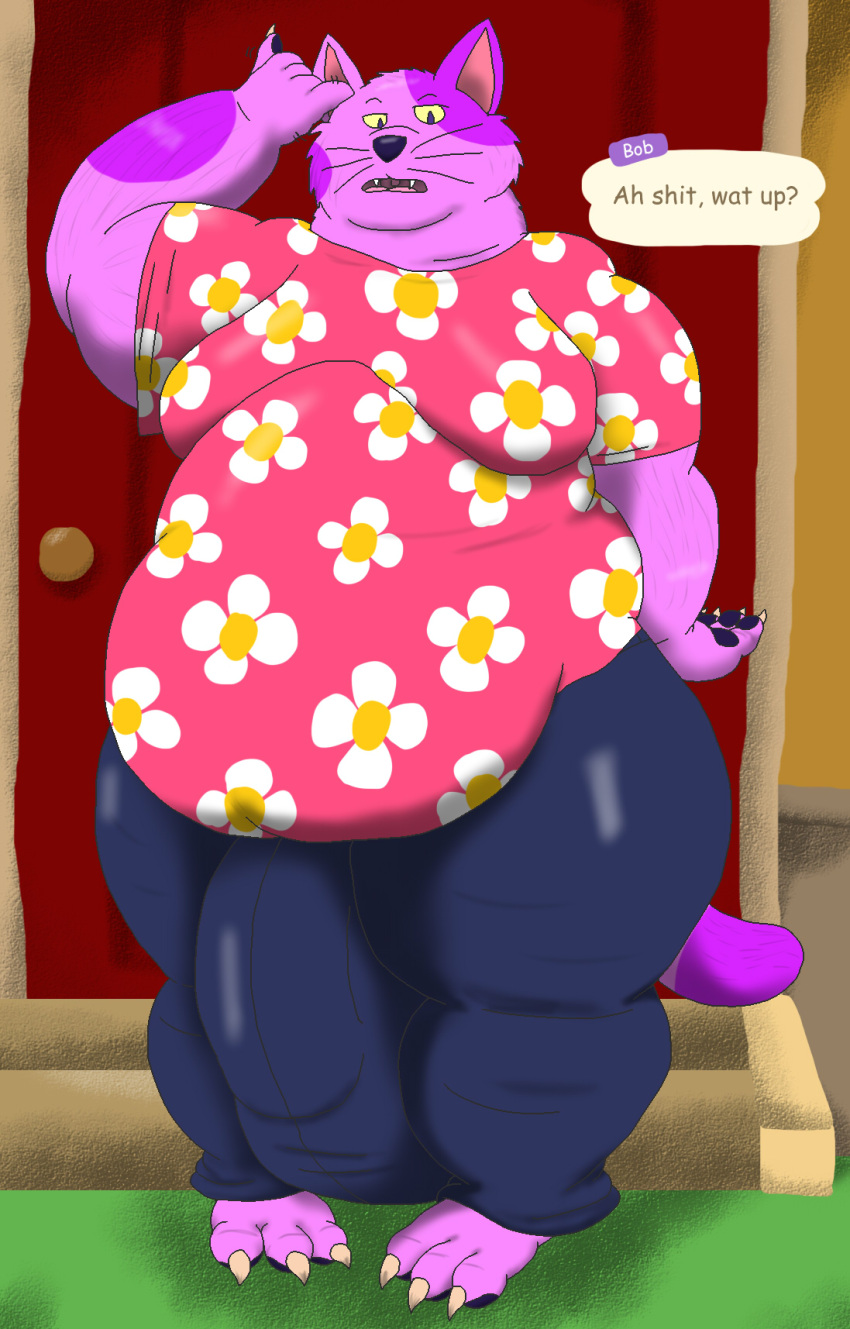 alythewolfcat animal_crossing anthro belly big_belly big_bulge big_moobs bob_(animal_crossing) bulge clothing detailed_bulge domestic_cat english_text felid feline felis fur genital_outline hi_res huge_belly huge_bulge hyper hyper_bulge male mammal markings moobs morbidly_obese nintendo obese overweight overweight_male pajamas penis_outline purple_body purple_fur solo spots spotted_body spotted_fur text wide_hips