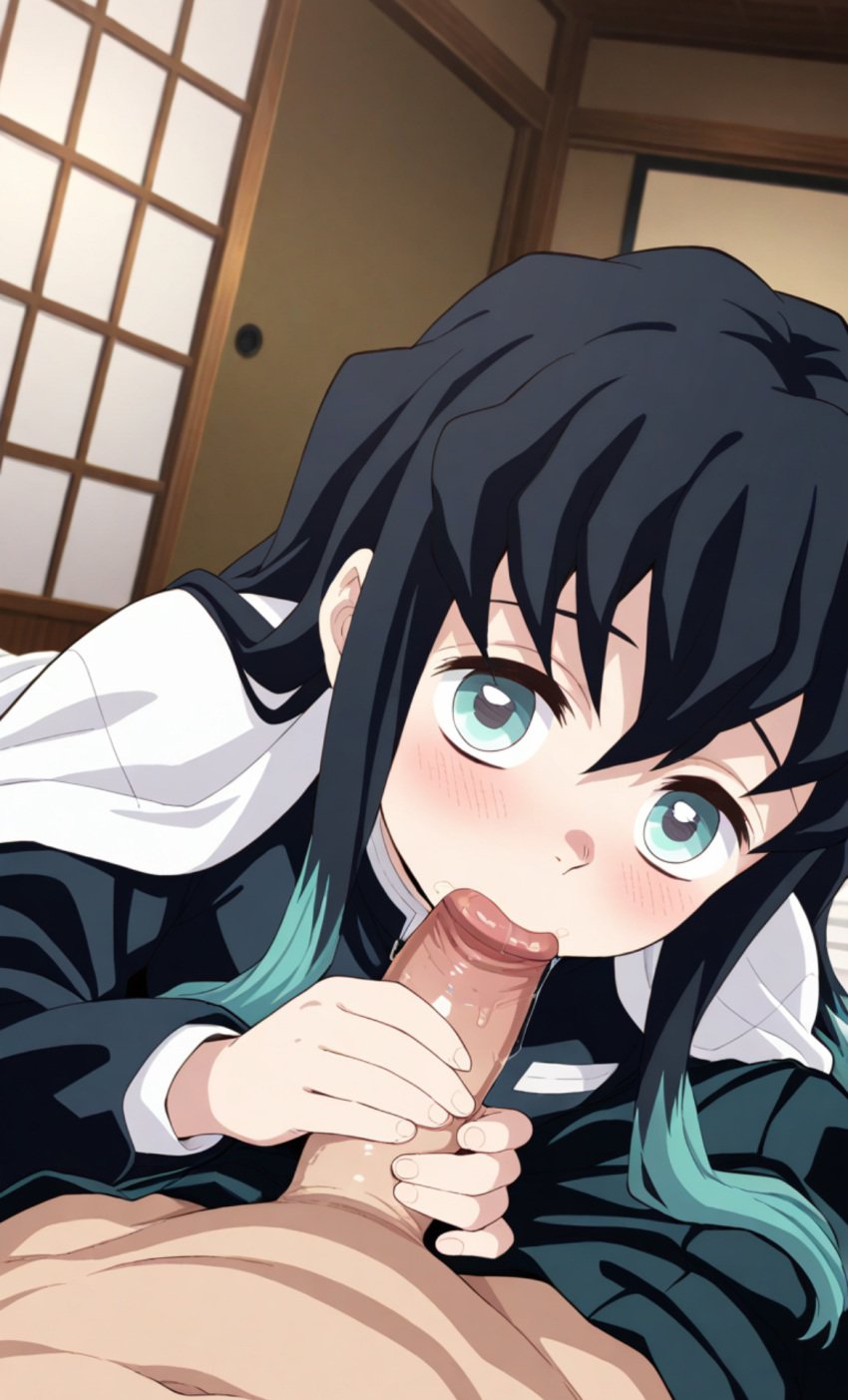 2boys age_difference black_hair blue_eyes blue_hair blush demon_slayer fellatio femboy feminine_male kimetsu_no_yaiba looking_at_viewer muichiro_tokitou sucking_penis teenager two_tone_hair under_covers younger_male