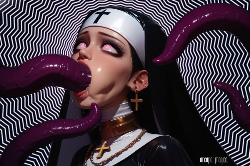 1girls ai_generated cross_necklace deepthroat hypnosis male_focus mind_control nun nun's_habit stable_diffusion tentacle tentacle_in_mouth