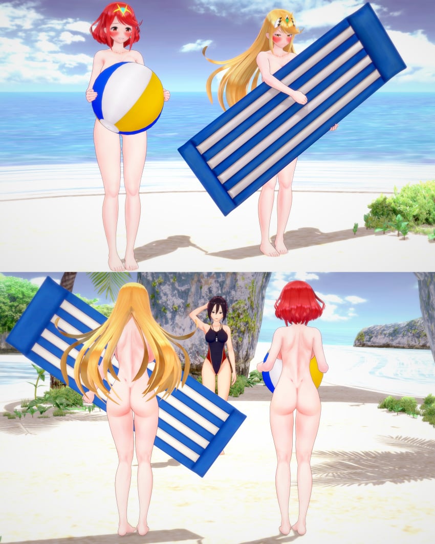 3girls ass barefoot beach beach_ball black_hair black_one-piece_swimsuit blonde_hair clothed_female_nude_female covering embarrassed_nude_female enf female female_only floatie hair_bun koikatsu long_hair morag_ladair_(xenoblade) multiple_girls mythra mythra_(xenoblade) nintendo nude nude_female one-piece_swimsuit pyra pyra_(xenoblade) red_hair retropunch short_hair wardrobe_malfunction xenoblade_(series) xenoblade_chronicles_2