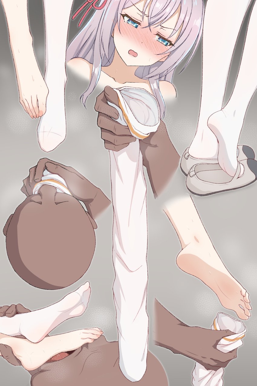 alisa_mikhailovna_kujou dark-skinned_male feet female foot_fetish fz064 light-skinned_female light_skin long_hair older_male older_man_and_teenage_girl silver_hair tokidoki_bosotto_russian_de_dereru_tonari_no_alya-san white_thighhighs