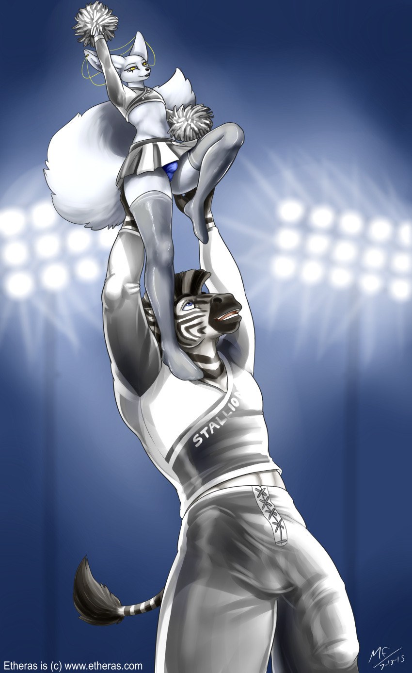 anthro bulge canine cheerleader_uniform clothed clothing conditional_dnp crossdressing duo equine etheras fennec fox girly legwear makeup male mammal moodyferret muscular penis_outline smile thigh_highs underwear zebra