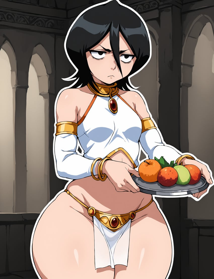 1girls ai_generated angry annoyed bare_shoulders bare_thighs black_eyes black_hair bleach bored bracelet collar curvy detached_sleeves female female_only food frown fruits gardener_ai gemstone hair_between_eyes half-closed_eyes harem_outfit holding_object jewelry kuchiki_rukia loincloth midriff narrow_shoulders navel no_pants orange_(fruit) pear_shaped pelvic_curtain plump pony_diffusion_xl revealing_clothes servant serving_tray skimpy slave slave_bikini slave_outfit small_breasts solo stable_diffusion string_bikini submissive submissive_female thick_thighs thin_arms tray white_clothing white_outline wide_hips