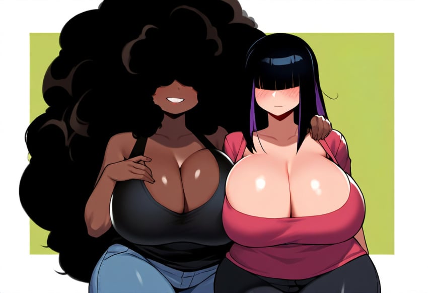 2girls afro ai_generated big_hair brinne dark-skinned_female dark_skin ebony female huge_breasts long_hair mullon novelai original_character smile top-heavy wide_hips