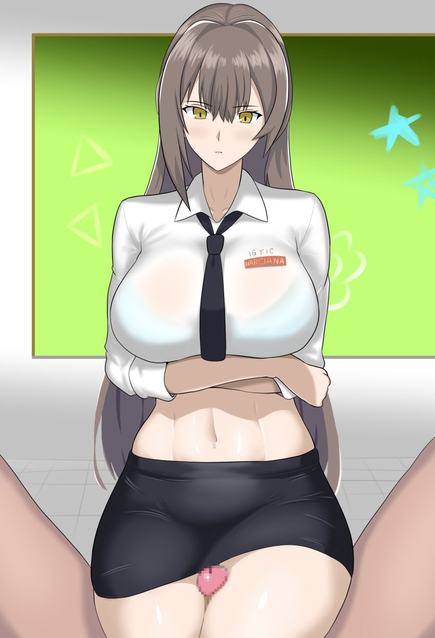 1boy 1girls belly_button black_necktie blush bra breasts brown_hair censored clothed_female_nude_male goddess_of_victory:_nikke huge_breasts light-skinned_female light-skinned_male light_skin male_pov marciana_(nikke) marciana_(school_days)_(nikke) mosaic_censoring necktie penis pov ricky_(ricky0152698449) see-through see-through_clothing skirt thigh_sex yellow_eyes