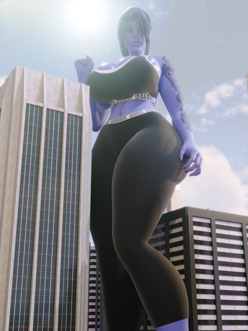 1girls amelie_lacroix big_breasts blizzard_entertainment breasts city female female_focus female_only giantess huge_breasts jessicagts jogging_outfit overwatch overwatch_2 purple_skin purple_skinned_female solo solo_female solo_focus widowmaker