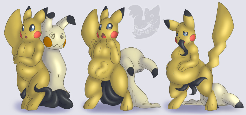 4_fingers all_the_way_through ambiguous_gender anal anal_sex anal_vore anthro anthrofied barefoot belly big_belly black_sclera blue_eyes body_invasion chest_tuft duo fur half-closed_eyes head_tuft inflation male mammal mimikyu navel nintendo nude open_mouth penetration pikachu pokémon_(species) pokemon posexe red_cheeks rodent simple_background slightly_chubby spread_legs spreading standing stomach_bulge tentacle tongue tuft video_games vore watermark white_background yellow_fur yellow_skin