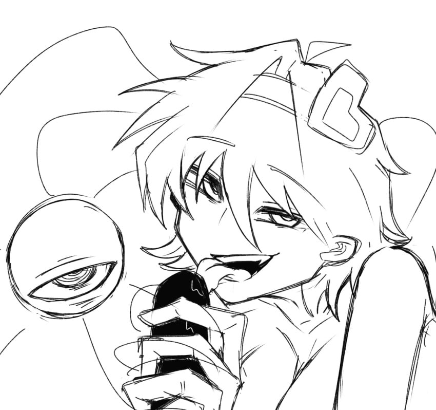 3rdeye_suki black_and_white blowjob hair_ornament hairband heart_hair_ornament monochrome penis satori_komeiji third_eye tongue tongue_out touhou