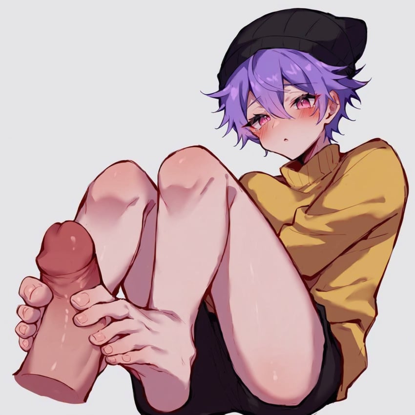 2boys ai_generated barren_(ai_prompter) beanie black_beanie black_shorts blush disembodied_penis feet foot_fetish footjob offscreen_male pink_eyes purple_hair short_hair shorts simple_background sitting stable_diffusion thighs toes white_background yellow_shirt