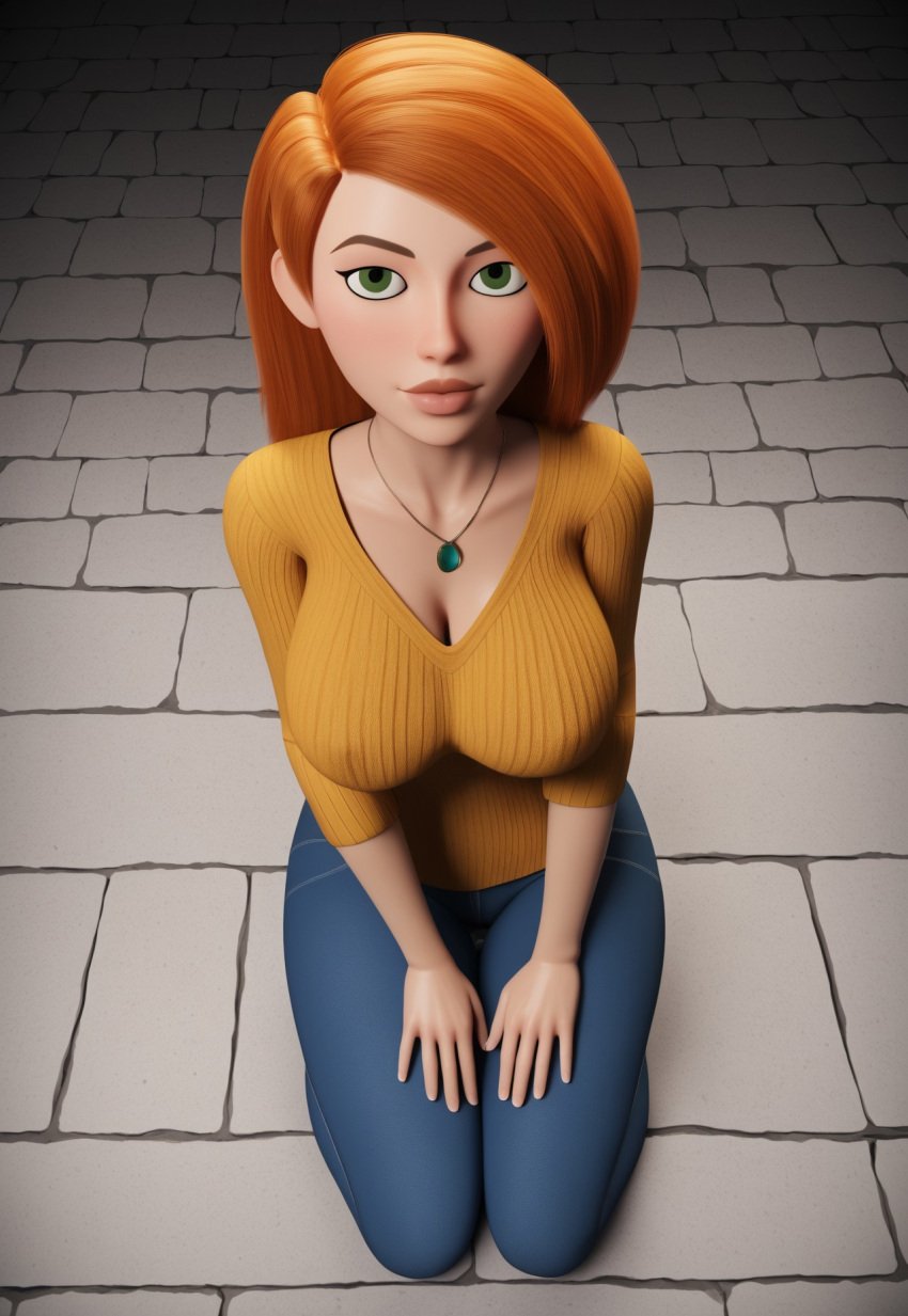 5_fingers ai_generated big_breasts bodysuit civitai green_eyes jeans jumpsuit kim_possible kimberly_ann_possible kneeling kneeling_on_ground knitted_sweater large_breasts long_hair looking_at_viewer necklace orange_hair silver_necklace sweater