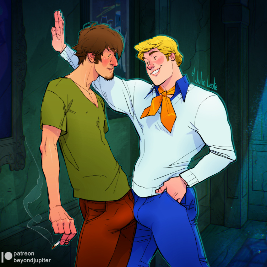 bulge bulge_frottage cigarette fred_jones fully_clothed gay julio_leote no_visible_genitalia scooby-doo shaggy_rogers yaoi