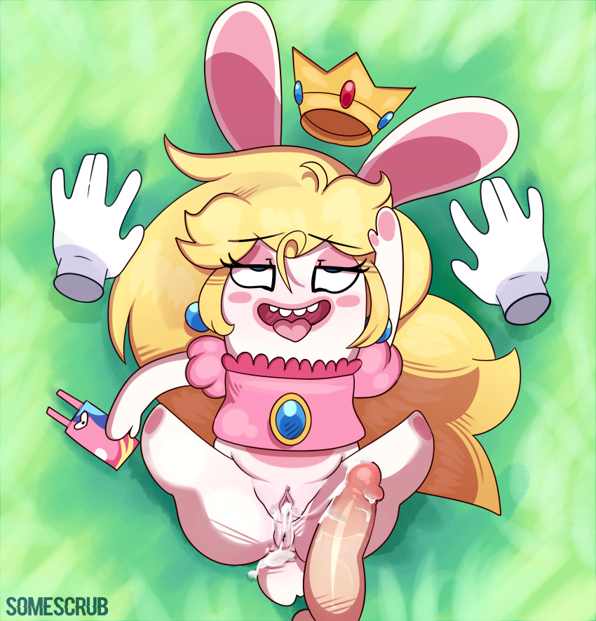 2017 ahe_gao anthro blush cosplay cum duo female furry looking_pleasured male mammal mario_(series) mario_+_rabbids mario_+_rabbids:_kingdom_battle nintendo open_mouth penis princess_peach_(cosplay) pussy rabbid rabbid_peach raving_rabbids somescrub straight teeth tongue