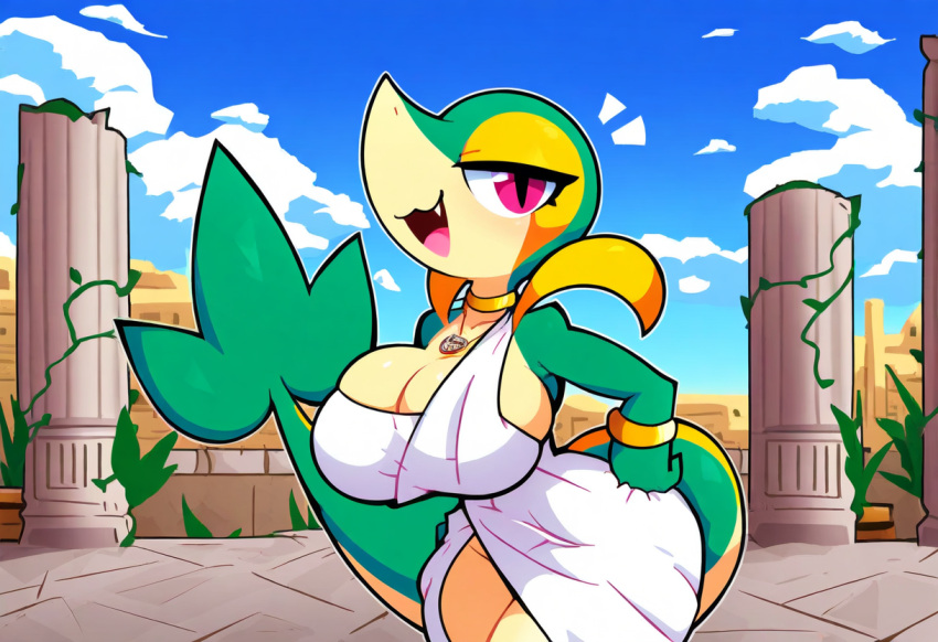 ai_generated anthro ass big_breasts big_butt breasts choker cleavage clothed clothing column curvy_figure detailed_background dress eyelashes female generation_5_pokemon half-closed_eyes hand_on_hip hellsonger hi_res huge_breasts jewelry looking_at_viewer narrowed_eyes necklace nintendo open_mouth outside pillar plant pokemon pokemon_(species) red_eyes reptile ruins scalie smile snake snivy solo thick_thighs voluptuous wide_hips