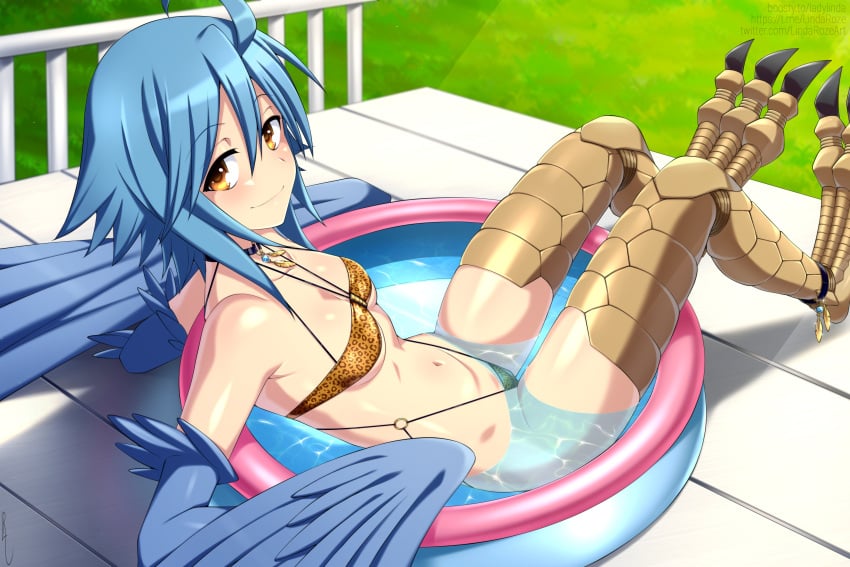 1girls bikini clothed female harpy harpy_girl kiddie_pool lindaroze monster_musume_no_iru_nichijou papi_(monster_musume) small_breasts solo tagme