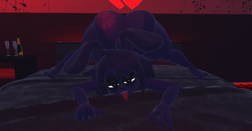 bonnie_(fnaf) femboy horny_femboy jack-o_pose on_bed playtime_bonnie ready_for_sex thick_ass thick_thighs tongue_out vrchat vrchat_avatar