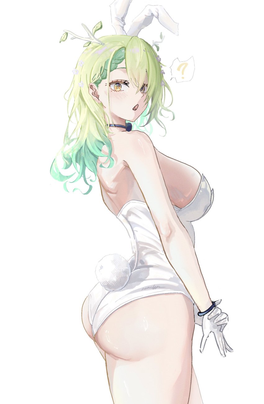 1girls ? blush breasts bunnysuit ceres_fauna clothed clothing fake_animal_ears fake_rabbit_ears fake_rabbit_tail fake_tail female female_only gloves green_hair harikyon hololive hololive_english hololive_english_-promise- huge_breasts light-skinned_female light_skin looking_at_viewer sideboob solo spoken_question_mark surprised virtual_youtuber white_gloves yellow_eyes