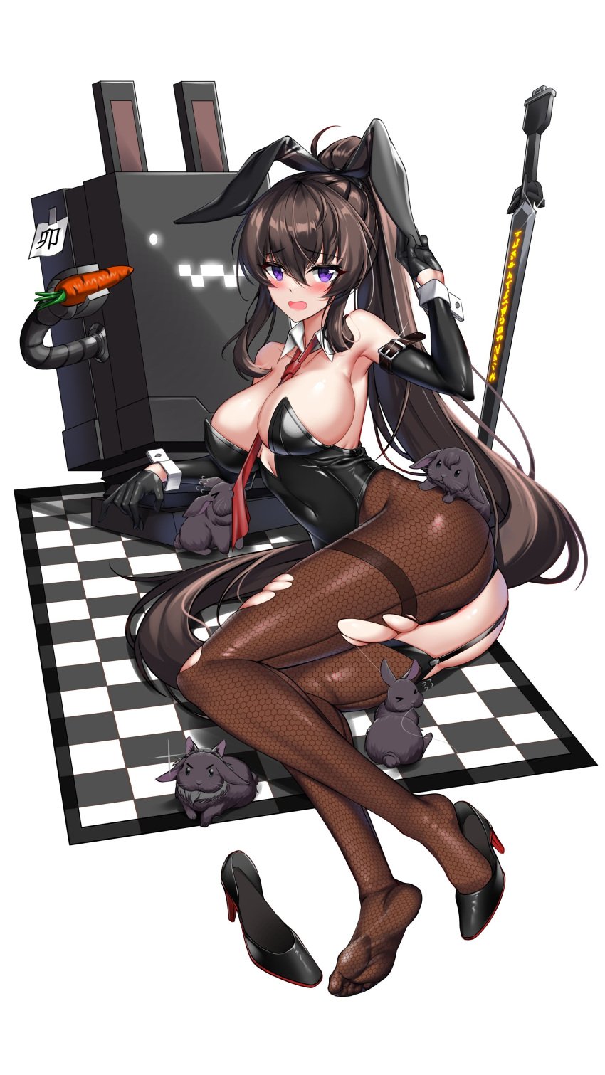 absurdres alternate_costume animal_ears animal_on_ass arm_support ass asymmetrical_legwear bare_shoulders between_breasts black_footwear black_garter_straps black_gloves black_leotard black_rabbit_(animal) black_sleeves blush breasts brown_hair bunny_ears bunny_girl bunnysuit carrot checkered_floor collarbone commentary_request counter:side covered_navel detached_collar detached_sleeves elze_(s01047480836) fake_animal_ears fake_bunny_ears female full_body garter_straps glint gloves hand_up high_heels high_ponytail highleg highleg_leotard highres holding holding_carrot honeycomb_(pattern) korean_commentary large_breasts leotard long_hair looking_at_viewer lying machine machine-g.a.p. mina_(counter:side) necktie necktie_between_breasts on_side open_mouth pantyhose playboy_bunny ponytail purple_eyes rabbit_ears red_necktie robot runes sideboob simple_background single_leg_pantyhose single_thighhigh skindentation sparkle strapless strapless_leotard sword thighhighs torn_clothes torn_pantyhose uneven_legwear unworn_shoe very_long_hair weapon white_background yoo_mina yoo_mina_(counter:side)