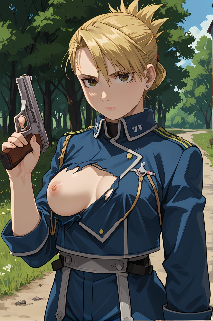 ai_generated angry blonde_hair breasts breasts_out brown_eyes exposed_breasts fullmetal_alchemist holding_object holding_weapon pale-skinned_female pale_skin riza_hawkeye torn_clothes torn_clothing wardrobe_malfunction