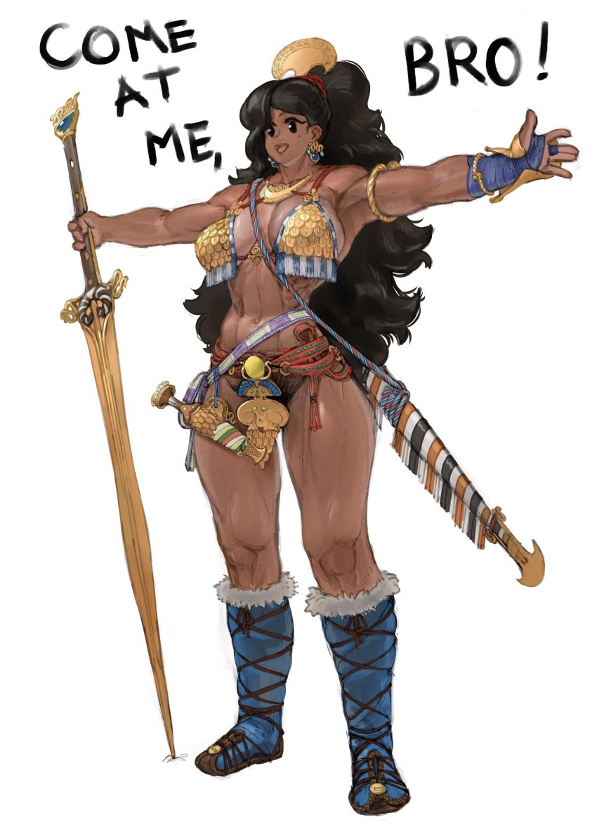 abs absurdres amazon_warrior armlet armor barbarian bikini_armor black_eyes black_hair breasts cleavage dark_skin earrings female female_pubic_hair gloves greatsword hair_ornament highres jewelry knife long_hair mole mole_under_eye muscular muscular_female necklace open_mouth original pubic_hair sandals scale_armor sideboob simple_background single_glove socks solo sword wass_nonnam weapon white_background