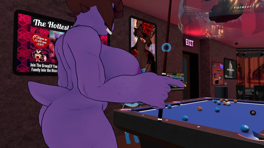 ass breasts brown_hair chalk deltarune fuckmeat_vr nightclub nude pool_table purple_body susie_(deltarune) vrchat