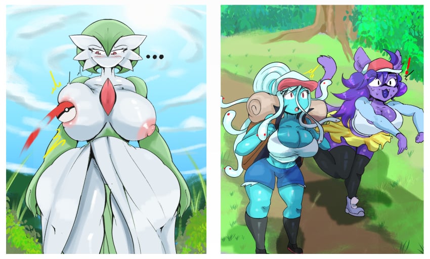 3girls before_vore big_boob big_breasts bigger_female boobs breasts clothed clothed_female exposed_breasts fairyfud fairyfudge female_pred female_prey gardevoir generation_3_pokemon larger_female nintendo original_character pokeball pokemon_trainer pre_vore shorter_female smaller_female topless topless_female vore