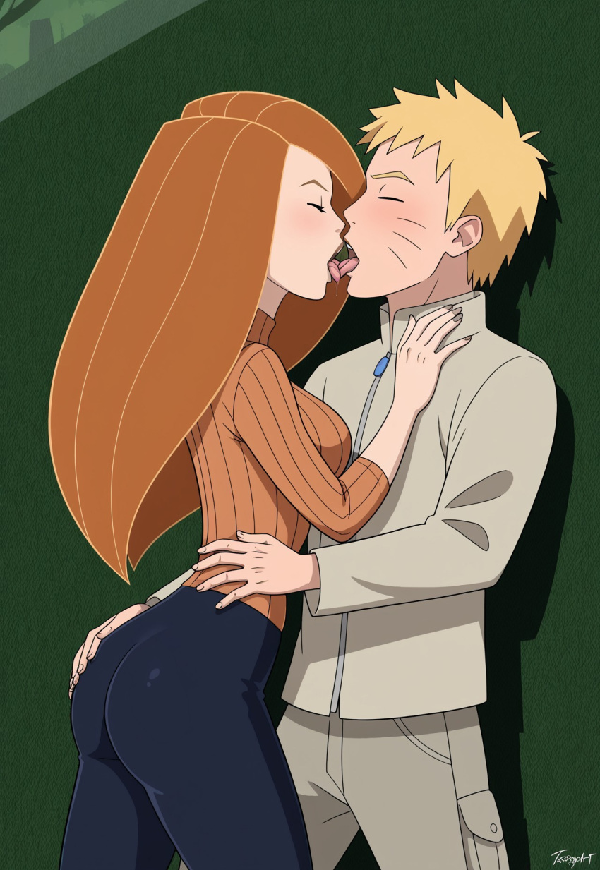 1boy ai_generated big_breasts blonde_hair blue_eyes boruto:_naruto_next_generations civitai closed_eyes crossover female french_kiss green_eyes kim_possible kimberly_ann_possible kissing kissing knitted_sweater large_breasts long_hair naruto naruto_(series) orange_hair short_hair sweater tongue_kiss uzumaki_naruto