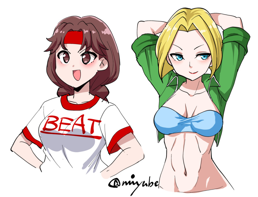 2girls bandana big_breasts blonde_hair blue_eyes blue_mary bra braided_hair brown_eyes brown_hair clothed female hands_on_head hands_up jacket king_of_fighters light_skin long_hair medium_breasts open_clothes open_mouth pointy_chin shirt short_hair smile white_shirt yuri_sakazaki