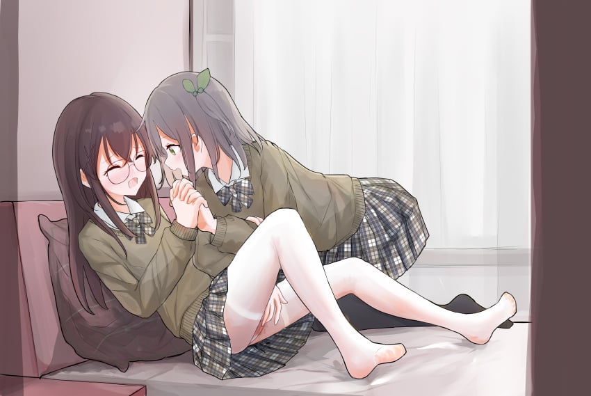 2girls 3acccp absurdres blush bow bowtie brown_hair chinese_commentary closed_eyes collared_shirt commentary_request curtains fingering fingering_through_clothes green_eyes green_sweater grey_bow grey_bowtie grey_hair grey_skirt highres holding_hands indoors interlocked_fingers long_hair long_sleeves looking_at_another multiple_girls on_bed one_side_up open_mouth original pillow plaid_clothes plaid_skirt pleated_skirt pussy_juice school_uniform shirt skirt smile sweater through_clothes wet wet_clothes white_shirt yuri