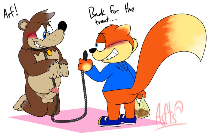 anthro ass bag balls banjo-kazooie banjo_(banjo-kazooie) barking bear begging begging_pose blue_eyes blush bodily_fluids bondage bottomless bottomless_anthro bottomless_male brown_bear brown_body brown_fur clothed clothing collar command conker conker's_bad_fur_day dialogue dominant dominant_male duo embarrassed erection food footwear fur genital_fluids genitals hi_res hoodie jacket leash male mammal navel nude orange_body orange_fur penis pose precum pubes rareware rodent roleplay sciurid shoes simple_background smile squirrelfromthesouth sweat tail text topwear tree_squirrel ursine white_background