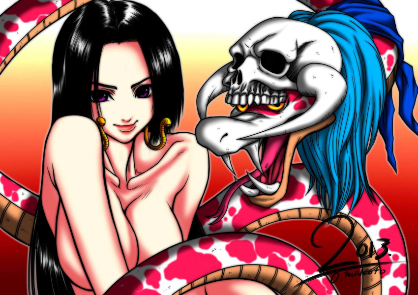 2013 animal artist_request bare_arms bare_shoulders black_hair boa_hancock breasts cute_fang dated earrings female female_only gradient_background large_breasts lips long_hair nude one_piece purple_eyes salome signature skull smile snake tongue