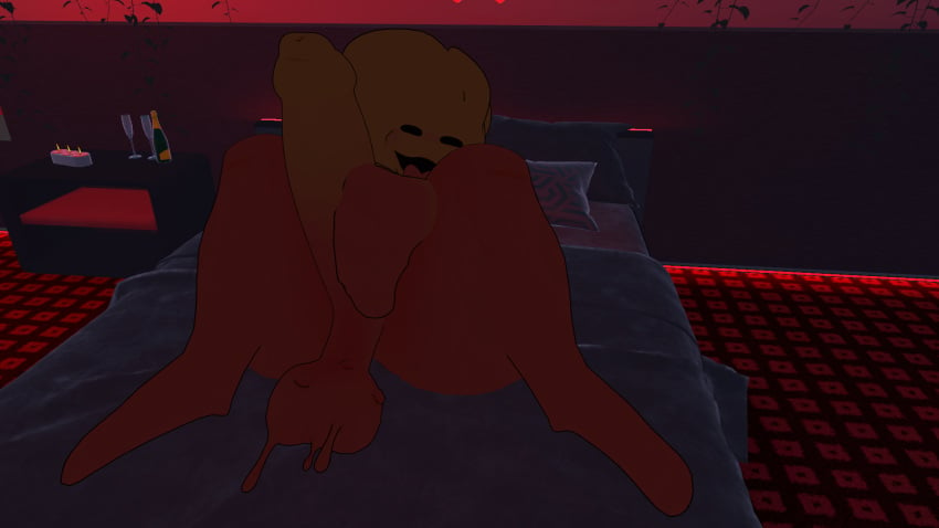 cock_out horny_male masturbating on_bed ready_for_sex scp-999 thick_thighs vrchat vrchat_avatar