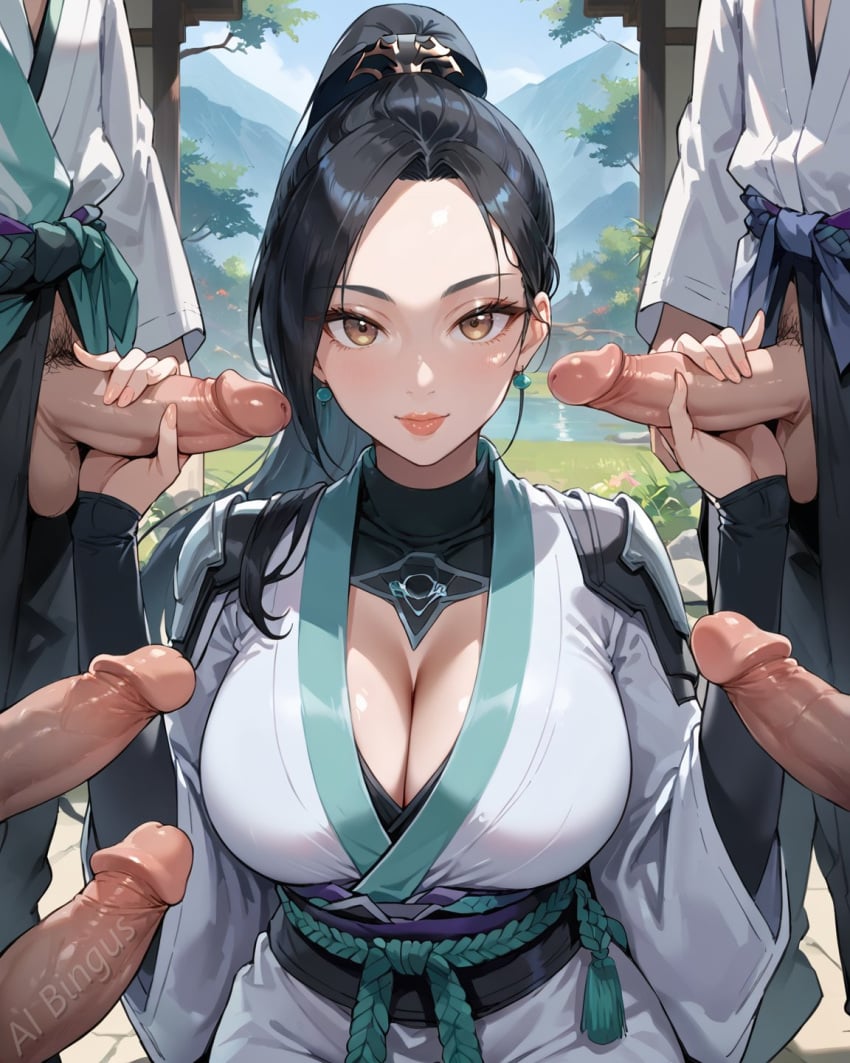 1girls ai_bingus ai_generated big_breasts cleavage_cutout clothed_sex double_handjob gangbang ling_ying_wei looking_at_viewer multiple_boys multiple_penises pubic_hair sage_(valorant) valorant