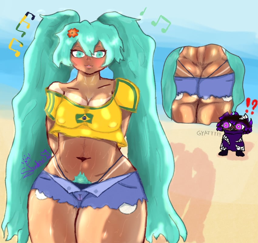 !? 1girls ass beach_background big_ass big_breasts blue_eyes blue_panties blue_underwear blush blushing boots booty_shorts brazil brazilian brazilian_female brazilian_flag brazilian_miku cameltoe coat cyan_eyes cyan_hair dark-skinned_male dat_ass dumptruck_ass dumptruck_butt female female_focus female_pubic_hair hair_ornament hatsune_miku latin_american_hatsune_miku_(meme) looking_ass micro_shorts minishorts musical_note nipples_visible_through_clothing panties pubic_hair puffy_nipples purple_eyes purple_hair shadow_(shadowdemonsj) shadowdemonsj short_shorts shorts sweat sweaty_body tagme tan tan_body thick_thighs tight_clothing tight_pants unbuttoned unbuttoned_pants unbuttoned_shorts underwear visible_underwear vocaloid wet