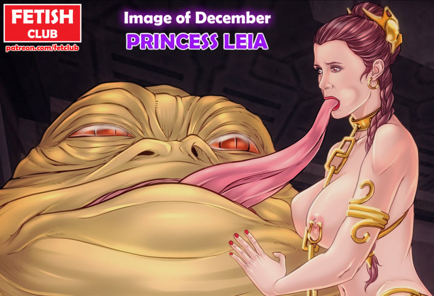 alien areolae artist_request big_breasts breasts brown_eyes brown_hair female female_focus female_human human human_female hutt jabba_the_hutt jewelry makeup nipple_piercing nipples piercing princess_leia_organa slave slave_leia slavegirl star_wars sucking_tongue tagme tongue tongue_out