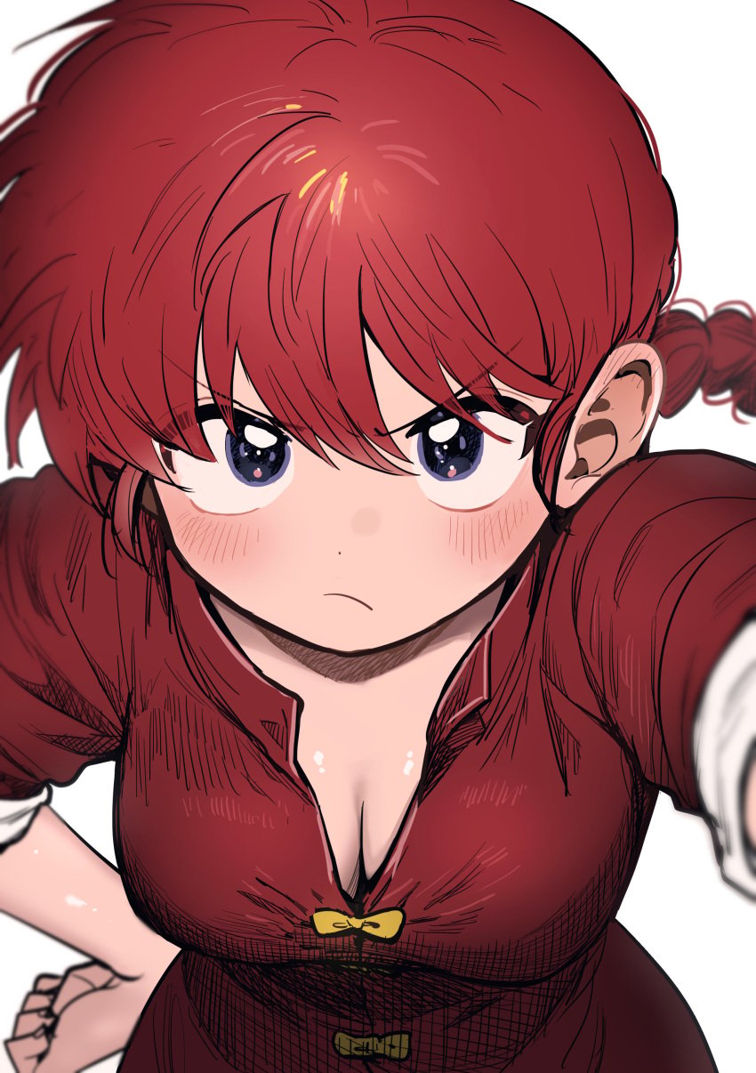 1girl big_breasts black_eyes blush braid breasts chinese_clothes cleavage closed_mouth clothing female female_only genderswap genderswap_(mtf) hand_on_own_hip inoue_koharu medium_breasts ranma-chan ranma_1/2 ranma_saotome red_hair solo tangzhuang