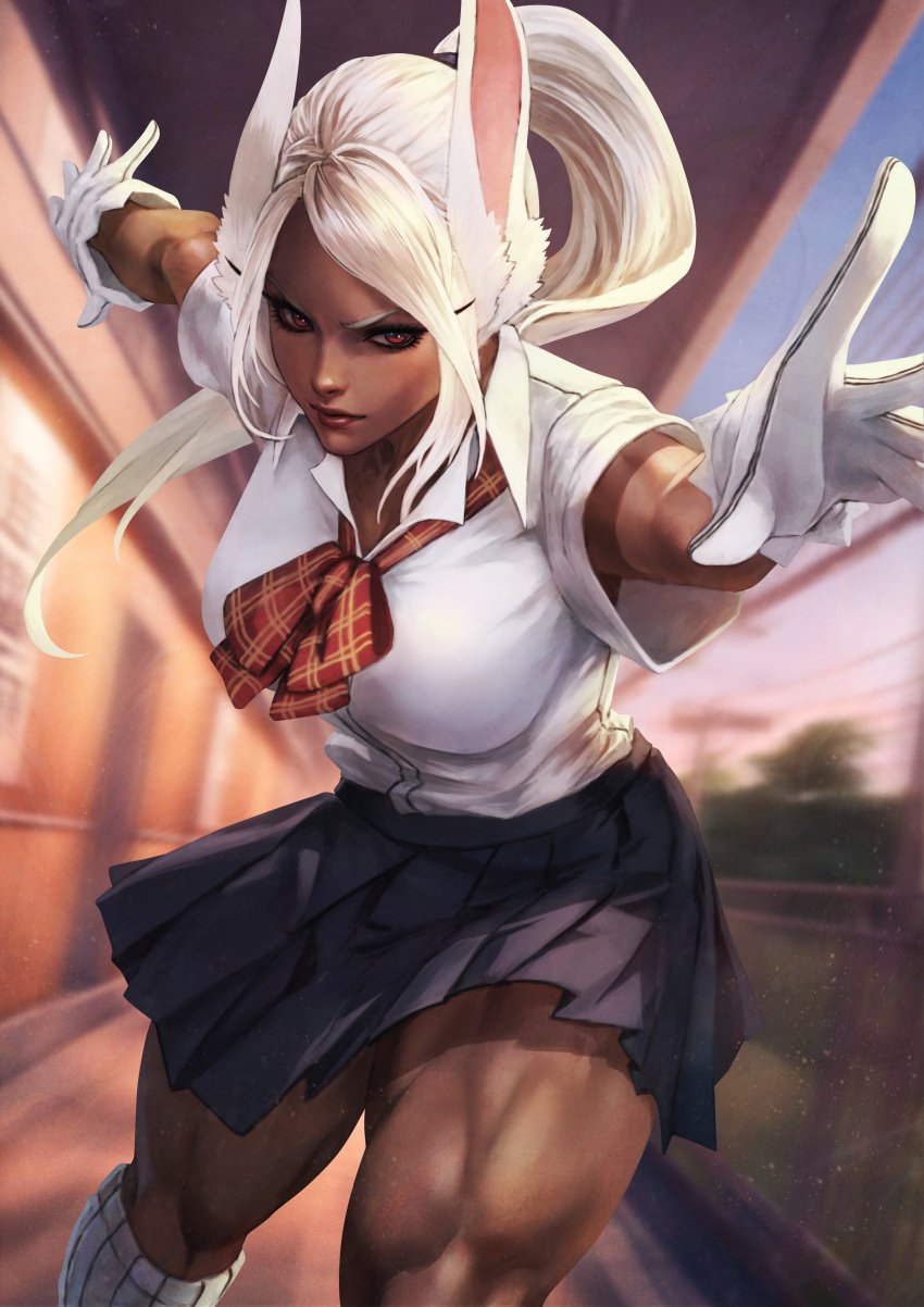 1girls boku_no_hero_academia bunny_ears bunny_girl busty dark-skinned_female dark_skin gloves miruko monorirogue muscular muscular_female muscular_thighs my_hero_academia ponytail red_eyes rumi_usagiyama school_uniform schoolgirl short_skirt white_hair