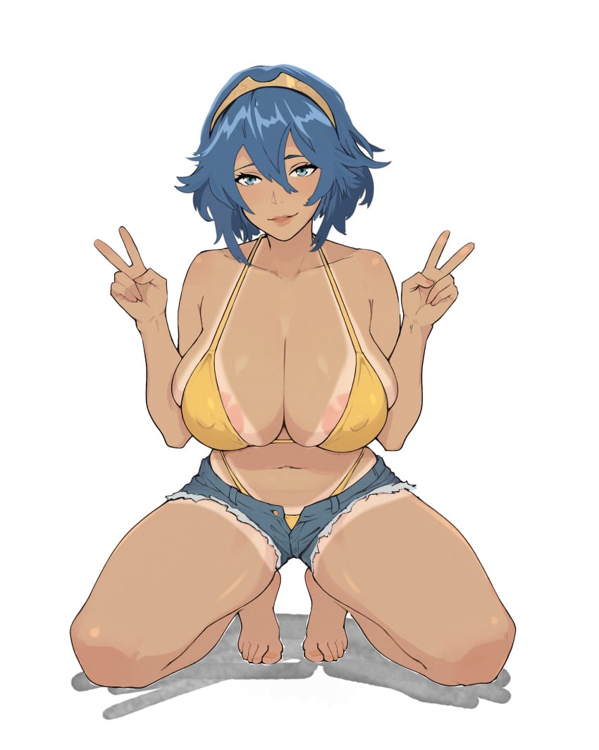 areola_slip blue_eyes blue_hair crown daisy_dukes double_peace_sign fire_emblem fire_emblem_awakening large_breasts lucina_(fire_emblem) nipple_bulge peace_sign piutahayo short_hair swimsuit tan tan-skinned_female tan_body tanline thick_thighs