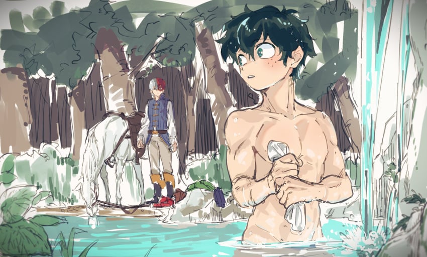 abs bath bathing blush boku_no_hero_academia bones_(company) bones_(studio) boots burn_scar cascade chest clothed_male_nude_male clothes_pull completely_nude curly_hair drinking forest freckles green_eyes green_hair groin hero horse ika_mkai izuku_midoriya jacket lake leaf looking_at_another looking_back medieval midoriya_izuku muscle my_hero_academia nervous nude outdoors pants prince rag red_hair rock royalty scar short_hair shounen_jump shouto_todoroki todoroki_shouto tree two-tone_hair washing water wet white_hair yaoi