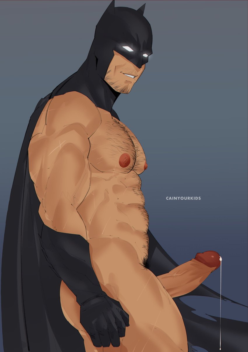 1boy abs bara batman batman_(series) body_hair cainyourkids cape dc erection grin male_focus male_only mask muscle penis solo undressing